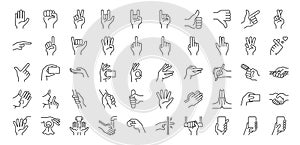 Hand gestures line icon set. Included icons as fingers interaction, pinky swear,ÃÂ forefinger point, greeting, pinch, hand washing